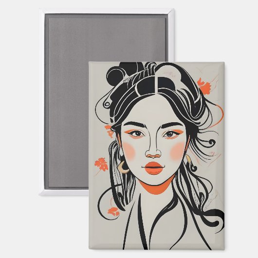 Chinees meisje getrokken met zwarte inkt pen, geis magneet (Voorkant / Achterkant)