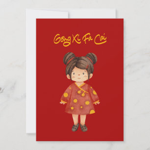 Chinees Meisje met Knot Haar Gong Xi Fa Cai Feestdagenkaart