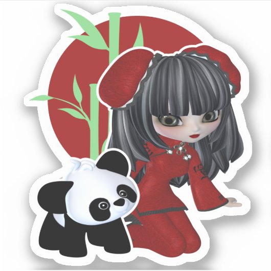 Chinees meisje met Panda en Bamboo Sticker (Voorkant)