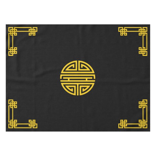 Chinees motief patroon goud op zwart tafelkleed (Voorkant (Horizontaal))