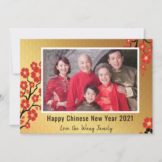 Chinees Nieuwjaar 2021 Familiefoto Bloemengoud Feestdagenkaart (Voorkant)