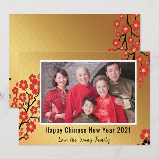 Chinees Nieuwjaar 2021 Familiefoto Bloemengoud Feestdagenkaart (Voorkant / Achterkant)