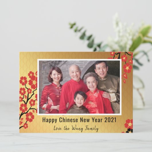 Chinees Nieuwjaar 2021 Familiefoto Bloemengoud Feestdagenkaart (Staand voorkant)