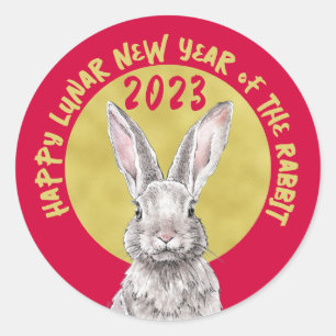 Chinees nieuwjaar 2023 konijnenbunnaal rood goud ronde sticker