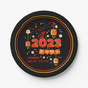 Chinees nieuwjaar 2023 Rabbit Red Black 7" Papieren Bordje