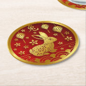 Chinees nieuwjaar 2023 Rabbit Red Gold Ronde Kartonnen Onderzetter (Gebogen)