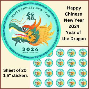 Chinees Nieuwjaar 2024 Dragon Aqua Gold Small 1.5" Ronde Sticker