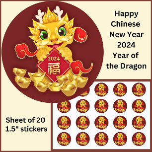 Chinees Nieuwjaar 2024 Dragon Gold Red Small 1.5" Ronde Sticker