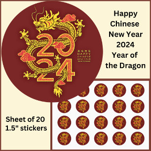 Chinees Nieuwjaar 2024 Dragon Gold Red Small 1.5" Ronde Sticker