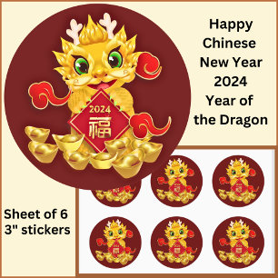 Chinees Nieuwjaar 2024 Dragon Gold Rood Groot 3" Ronde Sticker