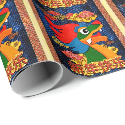 Chinees Nieuwjaar 2024 Dragon Wood Blue Gold Cadeaupapier (Rol Hoek)
