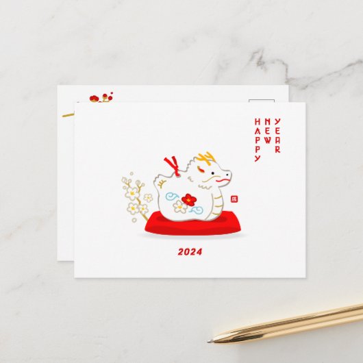Chinees Nieuwjaar 2024 Rode Draak in Japanse Stijl Briefkaart (Voorkant / Achterkant in situ)
