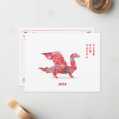 Chinees Nieuwjaar 2024 Rode Origami Draak Notitiekaartje (Voorkant / Achterkant in situ)