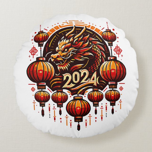  Chinees nieuwjaar 2024 Rond Kussen (Voorkant)