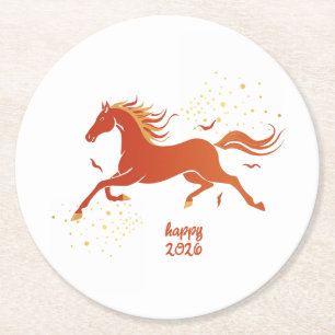Chinees Nieuwjaar 2026 Paard Inkt Nieuwjaar Feest Ronde Kartonnen Onderzetter