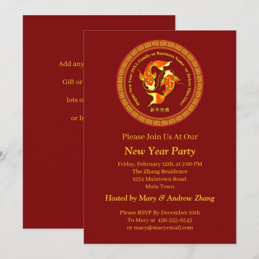 Chinees nieuwjaar 20xx Naam Koi Carp Fish toevoege Kaart (Voorkant / Achterkant)