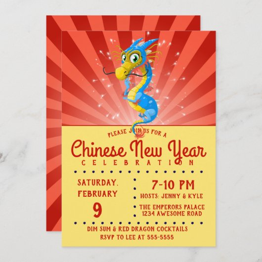 Chinees Nieuwjaar Blue Dragon uitnodiging (Voorkant / Achterkant)
