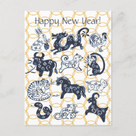 Chinees Nieuwjaar Dieren Zodiac Minimal Blue Gold Feestdagenkaart