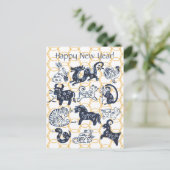 Chinees Nieuwjaar Dieren Zodiac Minimal Blue Gold Feestdagenkaart (Staand voorkant)