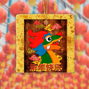 Chinees Nieuwjaar Draak Hout Rood Geel Goud Keramisch Ornament