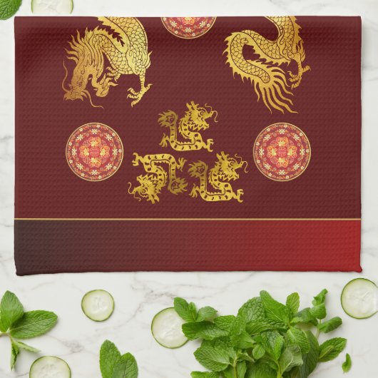 Chinees Nieuwjaar Dragon 2024 versierd KT Theedoek (Gevouwen)