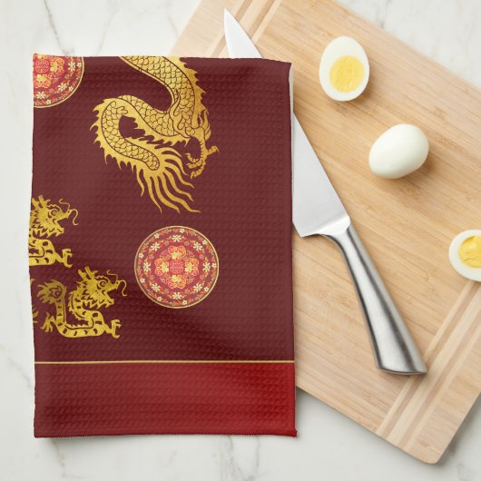 Chinees Nieuwjaar Dragon 2024 versierd KT Theedoek (Quarter Fold)