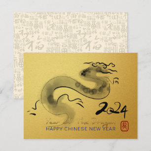 Chinees Nieuwjaar Dragon Origineel Schilderij GHPo Feestdagenkaart