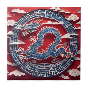 Chinees Nieuwjaar Dragon Paper-cut 2024 CerT2 Tegeltje