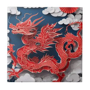 Chinees Nieuwjaar Dragon Paper-cut 2024 CerT3 Tegeltje