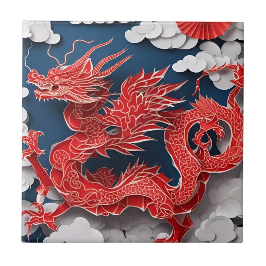 Chinees Nieuwjaar Dragon Paper-cut 2024 CerT3 Tegeltje (Voorkant)