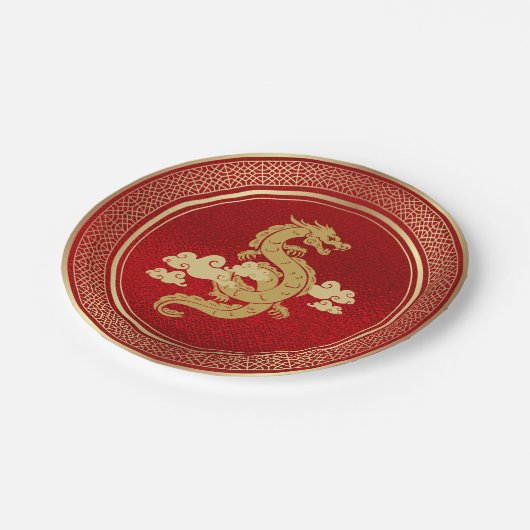 Chinees Nieuwjaar Gold Dragon en Rode Folie Papieren Bordje (Gekanteld)