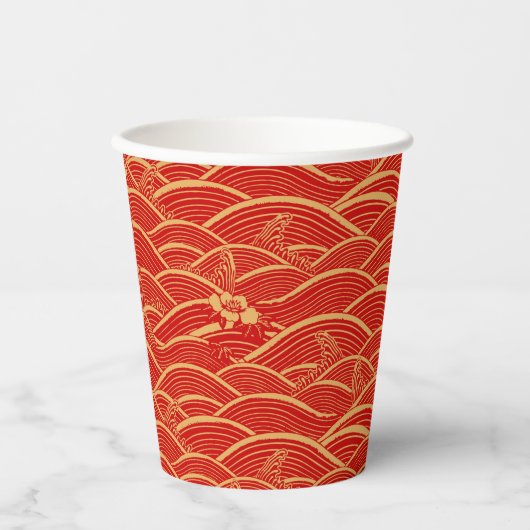 Chinees Nieuwjaar Gold Wave Art Pattern Bloemenroo Papieren Bekers (Voorkant)