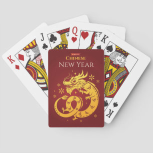 Chinees Nieuwjaar Gouden Gekleurde Draak op Rood Pokerkaarten