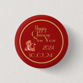 Chinees nieuwjaar, jaar van de draak, rood en goud ronde button 3,2 cm