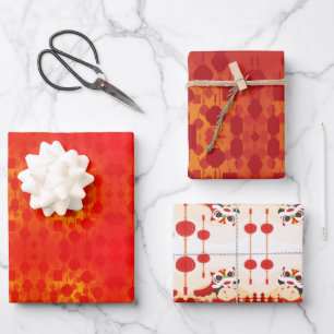 Chinees Nieuwjaar Leeuw Dans Lantaarns W3PS Inpakpapier Vel