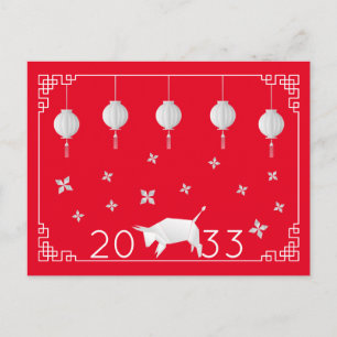 Chinees nieuwjaar origami Ox, rood Briefkaart
