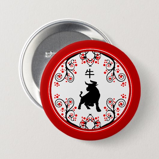 Chinees nieuwjaar Ox met rode bloesems Ronde Button 7,6 Cm (Voorkant /achterkant)