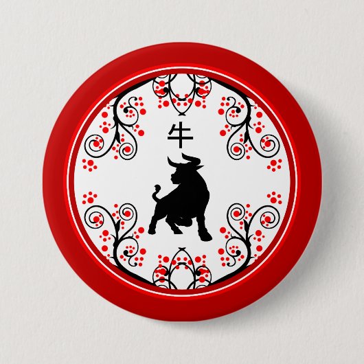 Chinees nieuwjaar Ox met rode bloesems Ronde Button 7,6 Cm (Voorkant)