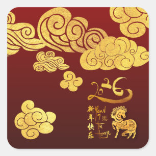 Chinees Nieuwjaar Paard 2026 Gouden Wolken SqS Vierkante Sticker