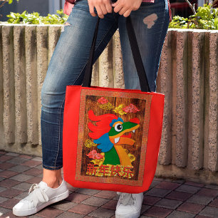 Chinees Nieuwjaar Papercut Dragon Hout Rood Goud Tote Bag