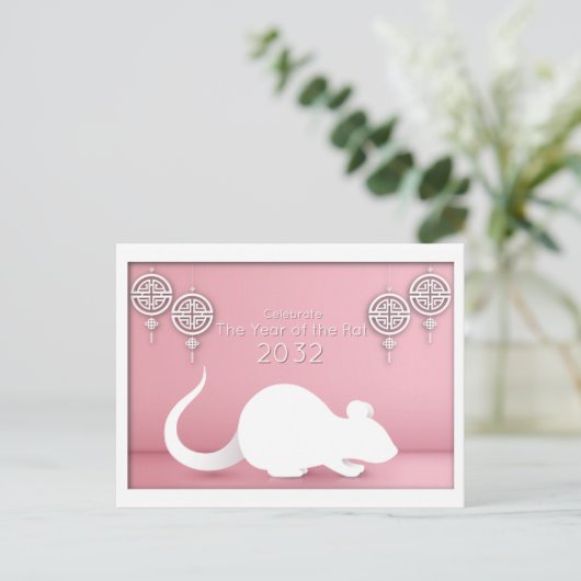 Chinees Nieuwjaar papier gesneden rat, roze Briefkaart (Staand voorkant)