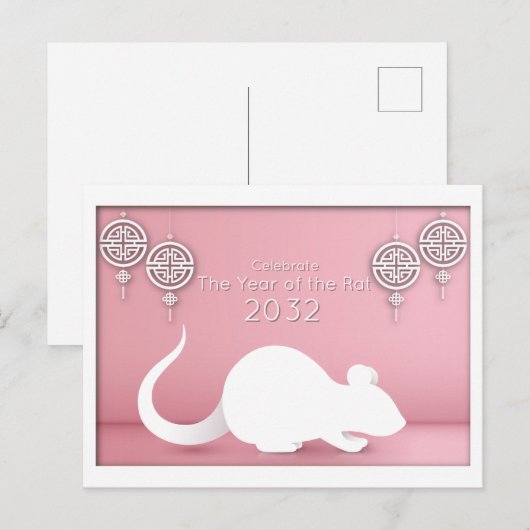Chinees Nieuwjaar papier gesneden rat, roze Briefkaart (Voorkant / Achterkant)