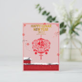 Chinees nieuwjaar roze roodbloem sneeuwval briefkaart (Staand voorkant)