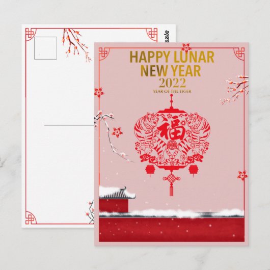 Chinees nieuwjaar roze roodbloem sneeuwval briefkaart (Voorkant / Achterkant)