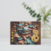Chinees Nieuwjaar Slang 2025 Tempel + Teksten HPos Feestdagenkaart (Staand voorkant)