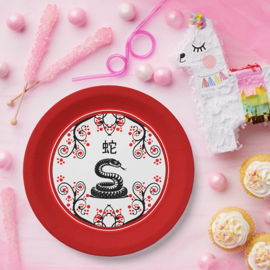 Chinees Nieuwjaar Slang en rode bloesems Papieren Bordje (Feest)