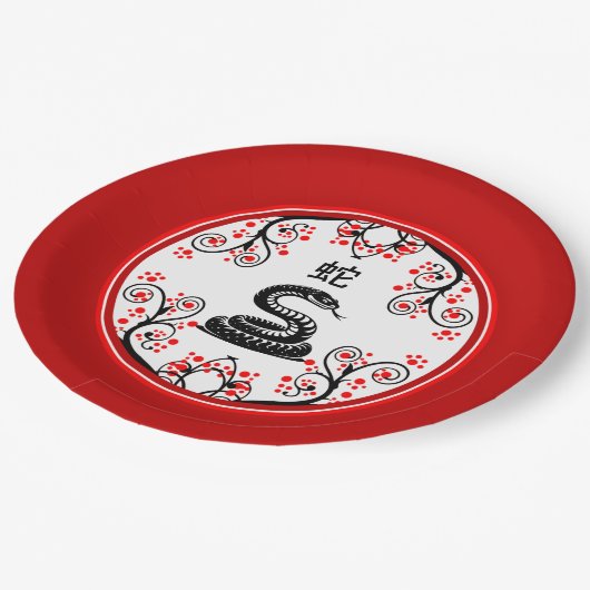 Chinees Nieuwjaar Slang en rode bloesems Papieren Bordje (Gekanteld)