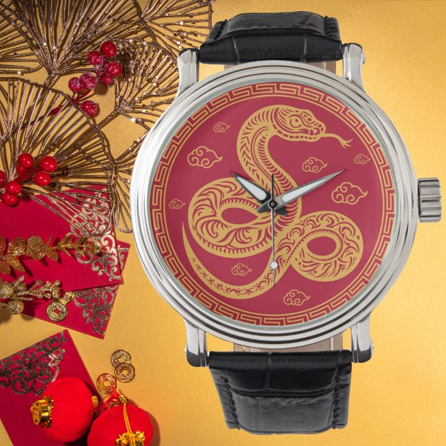 Chinees Nieuwjaar Slang rood en goud Horloge (Creator heeft geüpload)