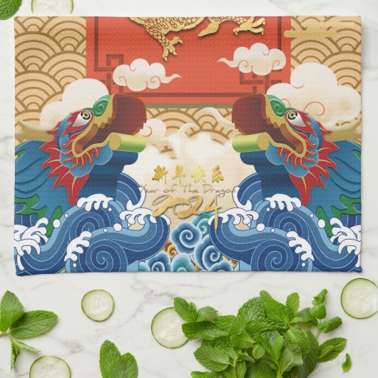 Chinees Nieuwjaar van de Draak 2024 Fu ideogram KT Theedoek (Gevouwen)