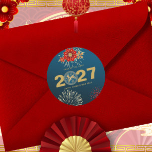 Chinees Nieuwjaar van de Geit Blauw Goud Ronde Sticker